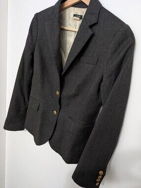 Vintage J Crew XS Wool Blazer Plain Twill Grey Tweed Preppy Tailored Suit Jacket